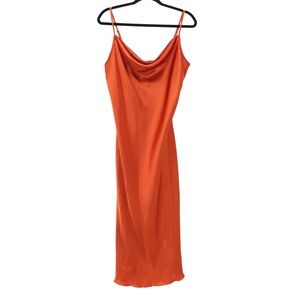 Bebe Y2K Midi Slip Dress Womens S Orange Satin Cowl Neck Fall Boho Bohemian Sexy